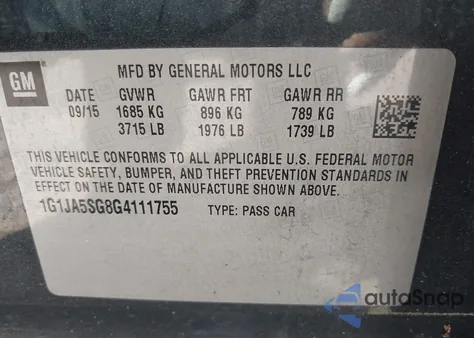 2016 Chevrolet Sonic Ls Auto z USA, uszkodzony, nr VIN 1G1JA5SG8G4111755